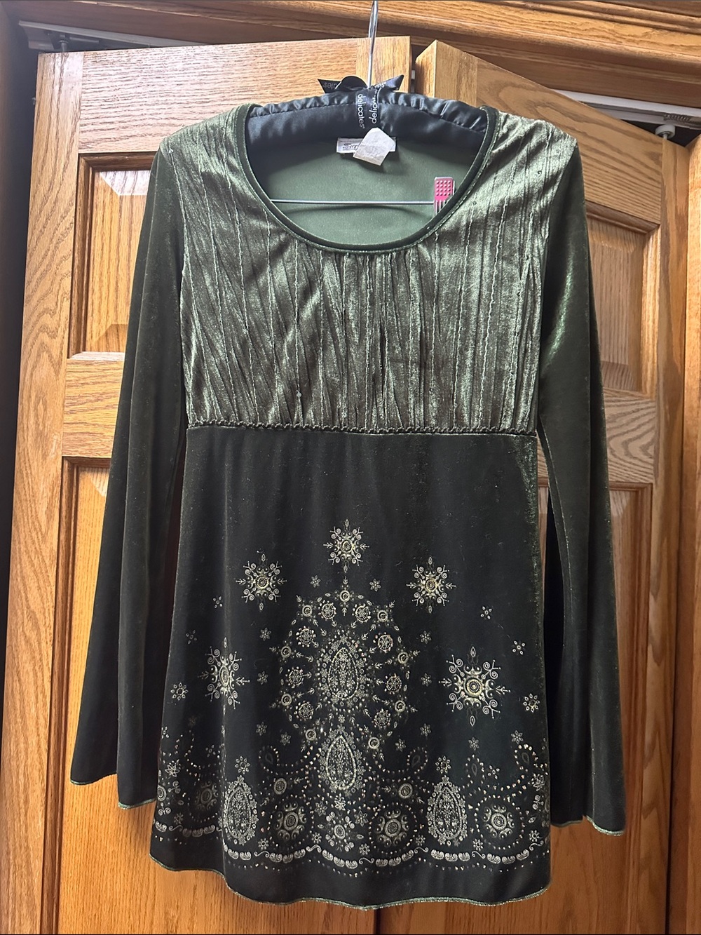 Olive Green Velvet Long-Sleeve Tunic Top with Metallic Print